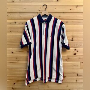 Vintage Y2K Tommy Hilfiger Size Large Cotton Vertical Striped Collared Polo